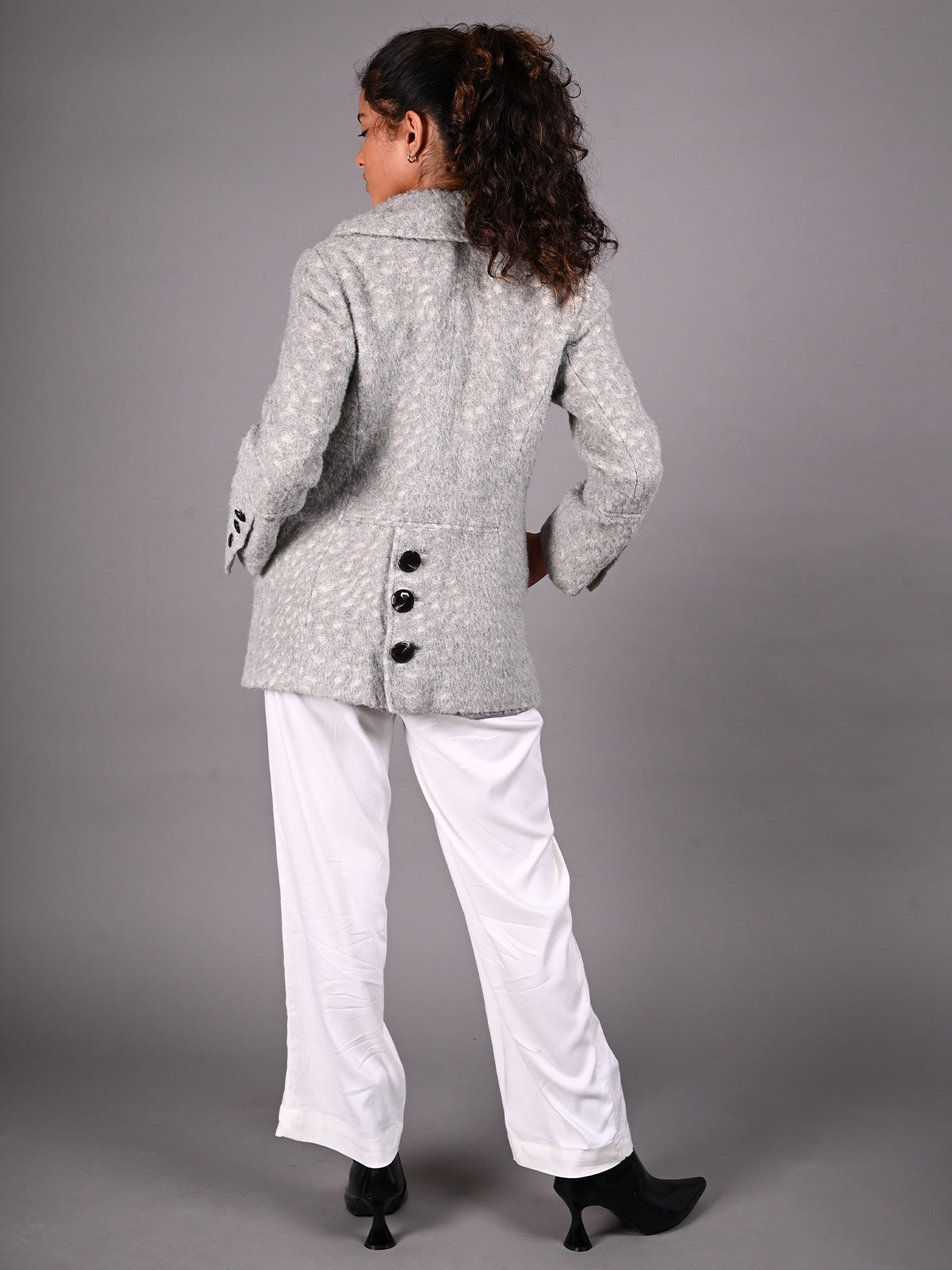 Odette Grey Faux Fur Shimmered Woollen Coat for Women