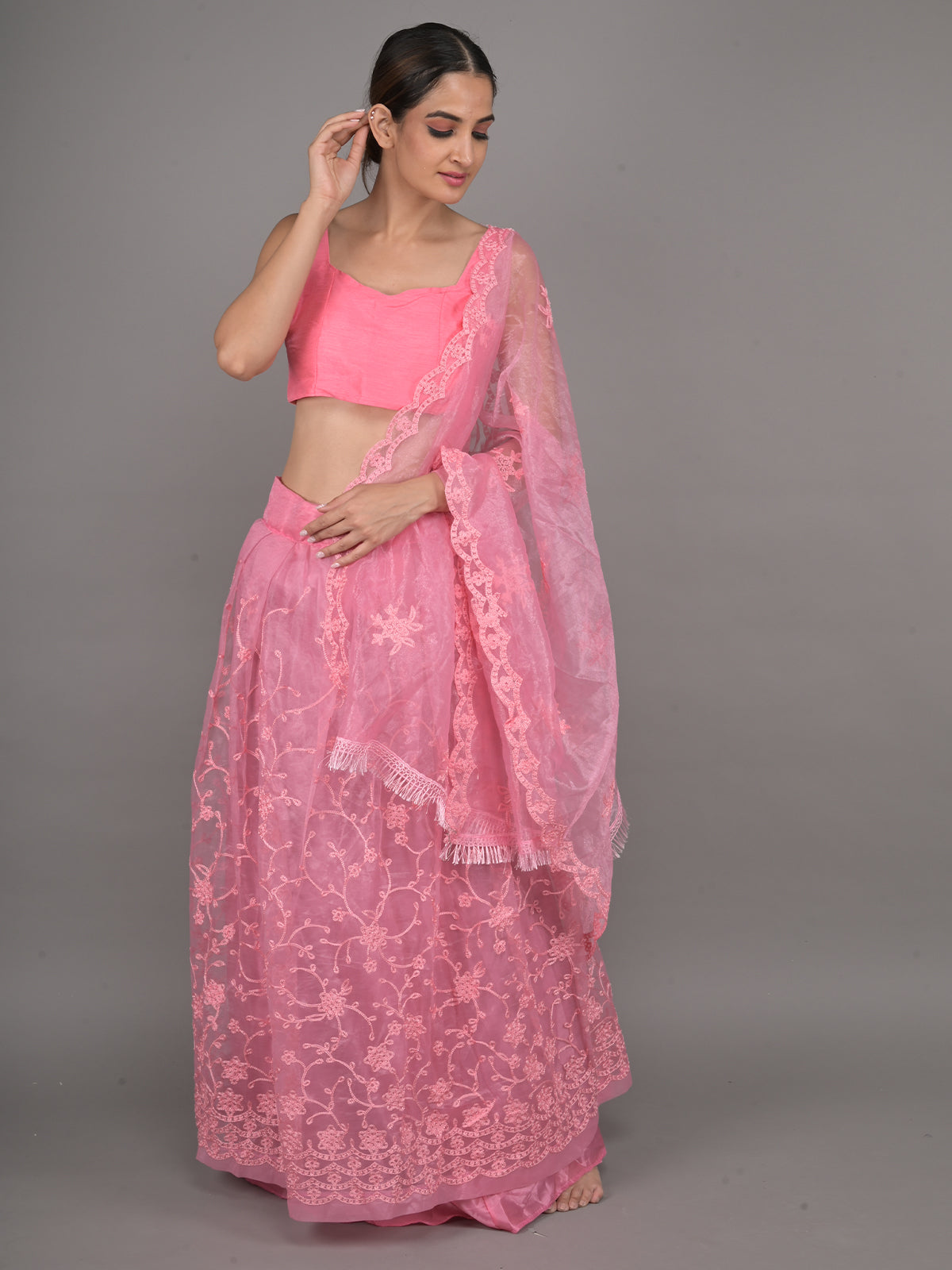 Odette Pink Net Semi Stitched Lehenga With Unstitched Blouse For Women