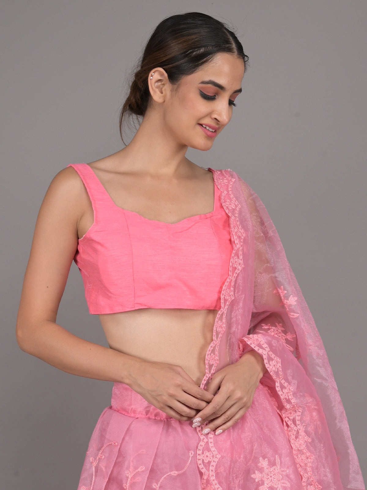 Odette Pink Net Semi Stitched Lehenga With Unstitched Blouse For Women