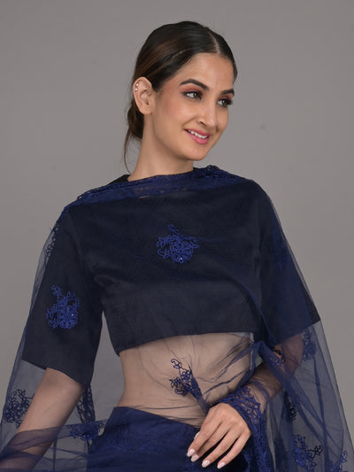 Odette Navy Blue Net Semi Stitched Lehenga With Unstitched Blouse For Women