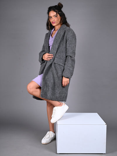 Odette Dark Grey Fur Textured Woollen Overcoat for Women