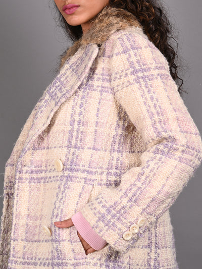 Odette Cream and Purple Faux Fur Collared Tweed Woollen Coat for Women