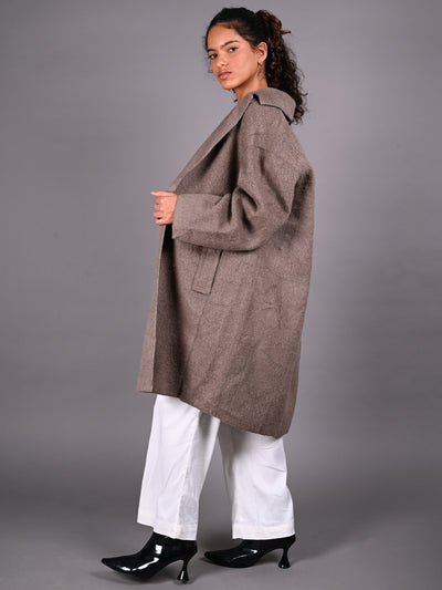 Odette Grey Fur Textured Woollen Overcoat for Women
