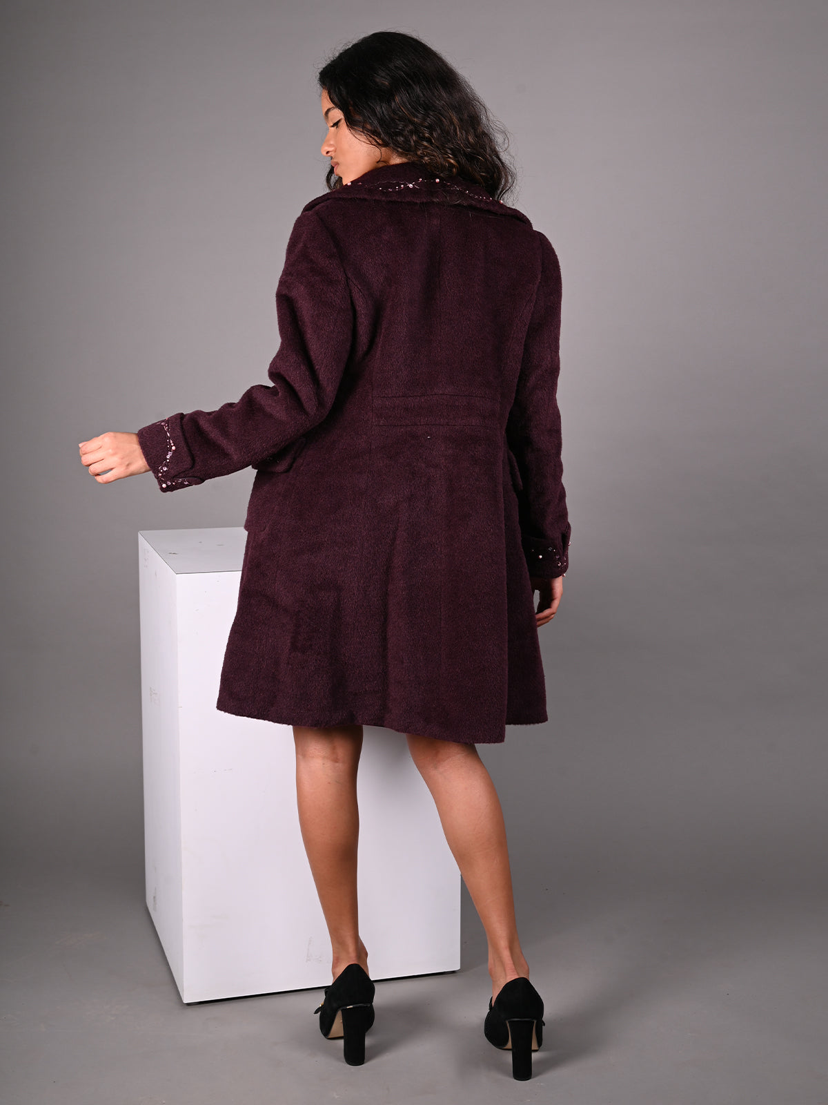Odette Wine Pearl and Sequins Embroidered Woollen Overcoat for Women