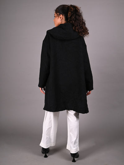 Odette Black Hoodie Style Woollen Overcoat for Women
