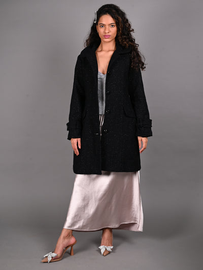Odette Black Shimmered Woollen Overcoat for Women