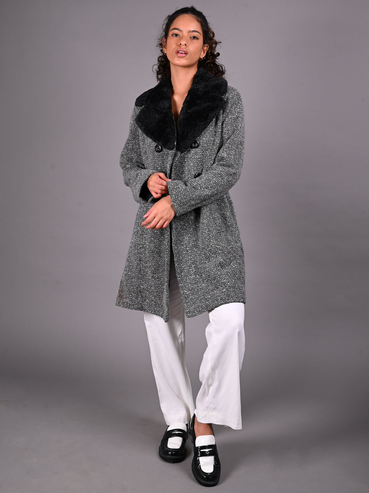 Odette White and Black Fur Collared Woollen Overcoat for Women