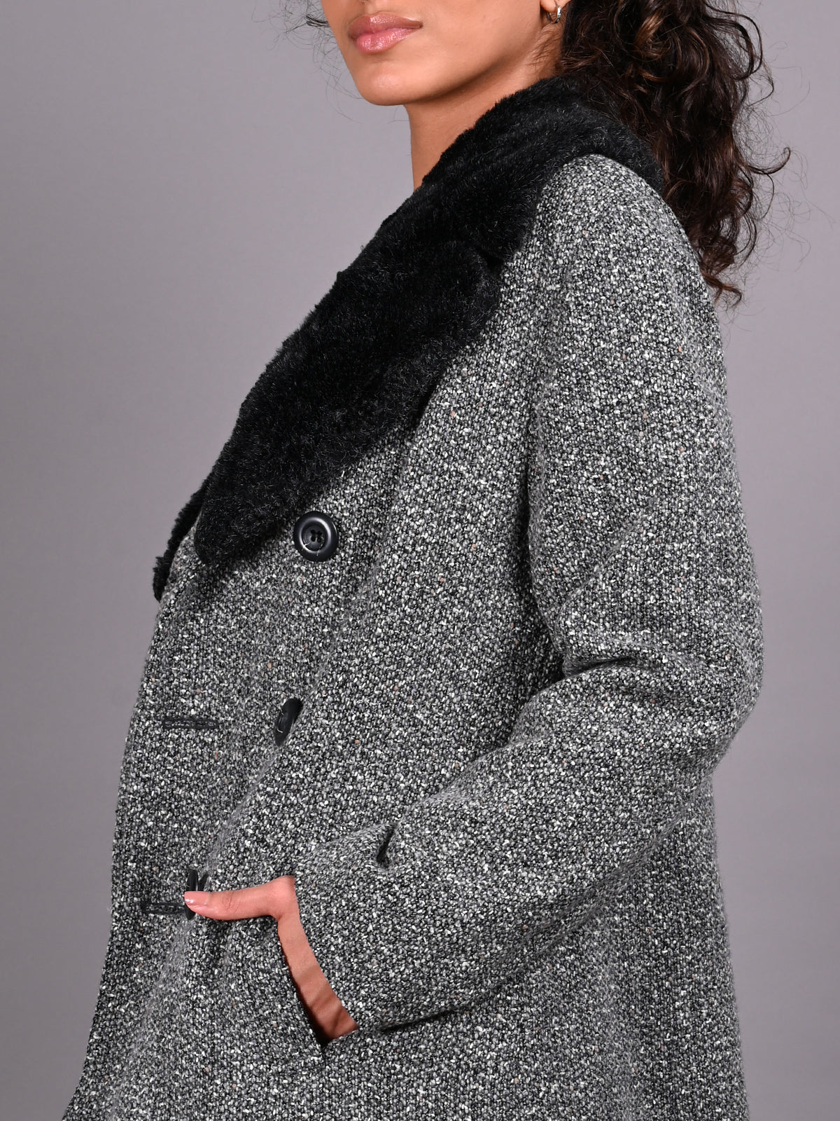 Odette White and Black Fur Collared Woollen Overcoat for Women
