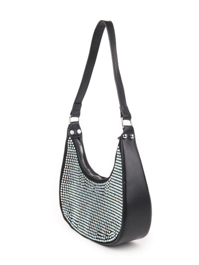 Odette Black Embellished Polyurethane Hand Bag For Women