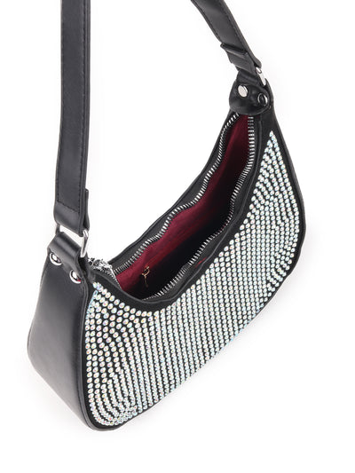 Odette Black Embellished Polyurethane Hand Bag For Women