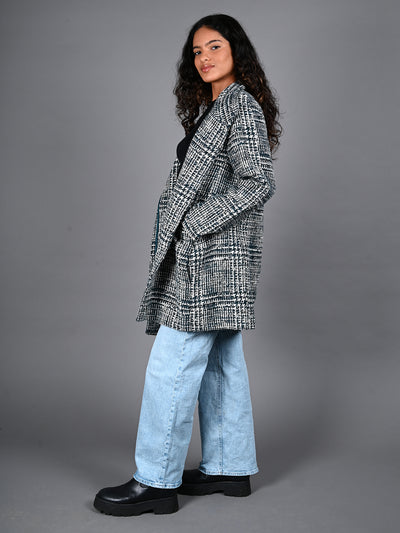 Odette Teal and White Textured Woollen Overcoat for Women