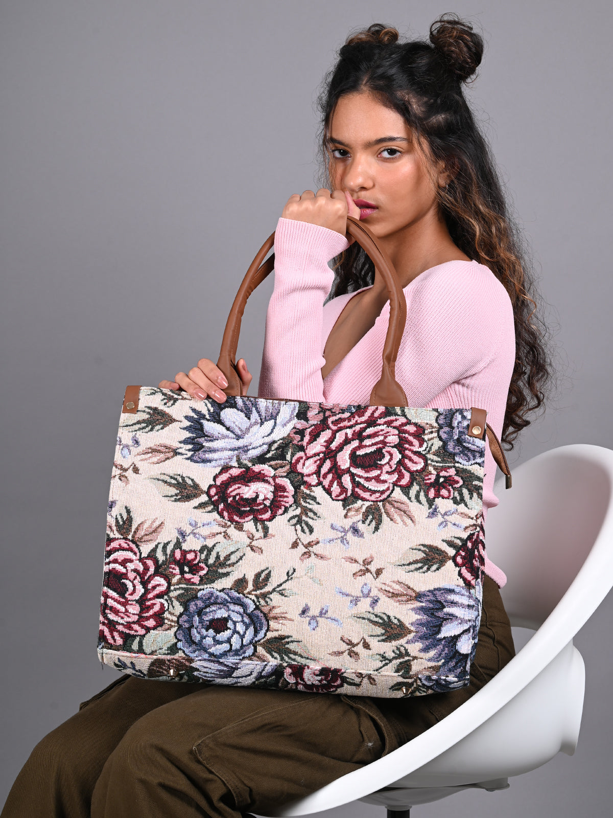 Odette Cream Colored Printed Tote Bag For Women