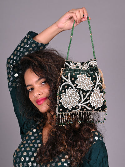 Odette Dark Green Embroidered Potli Bag For Women
