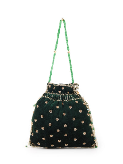Odette Dark Green Embroidered Potli Bag For Women