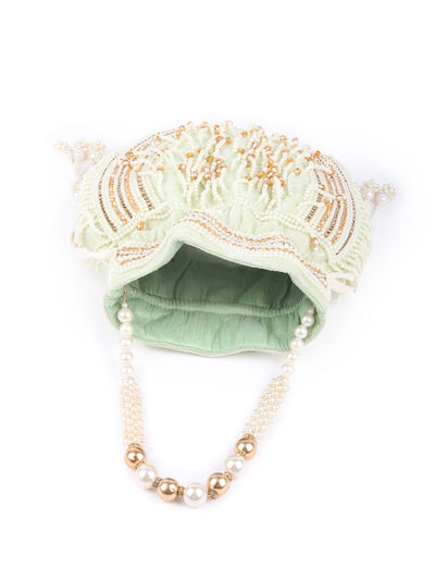 Odette Light Green Embroidered Potli Bag For Women
