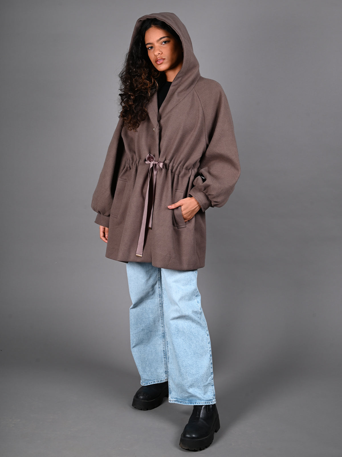 Odette Brown Hoodie Style Woollen Overcoat for Women