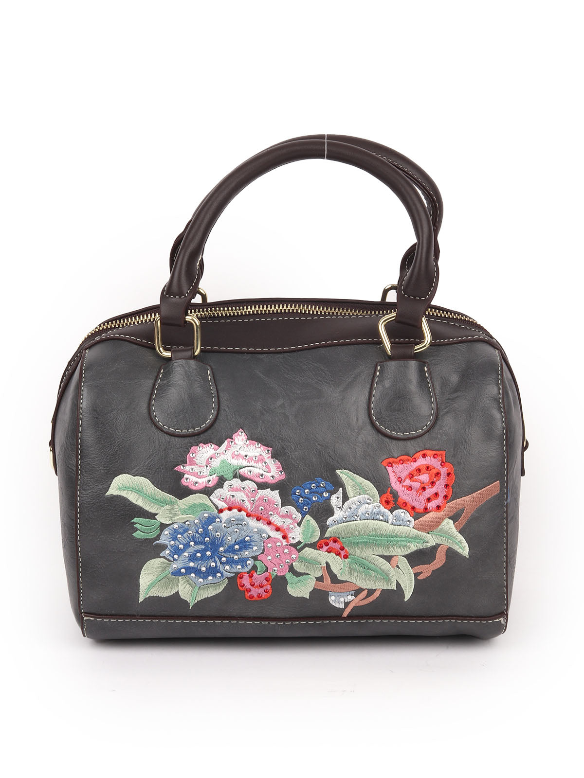 Odette Grey PU Embroidered Hand Bag For Women