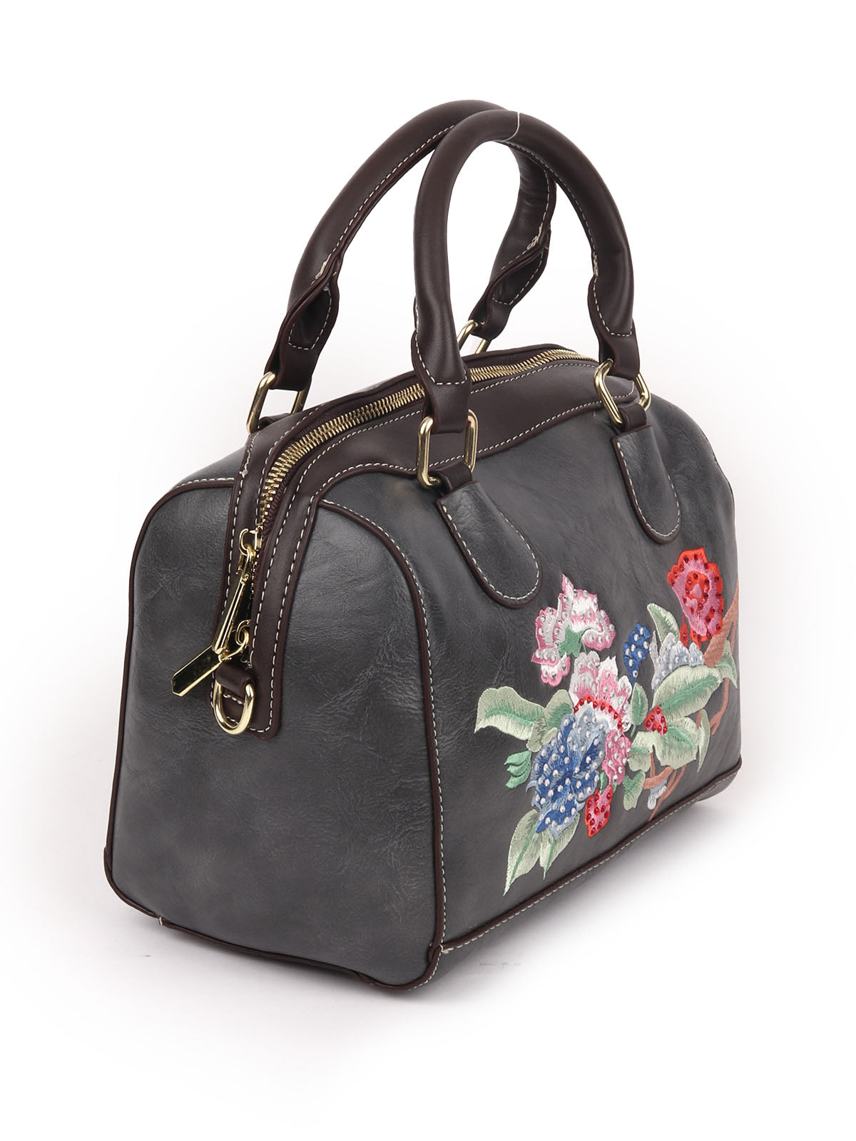 Odette Grey PU Embroidered Hand Bag For Women