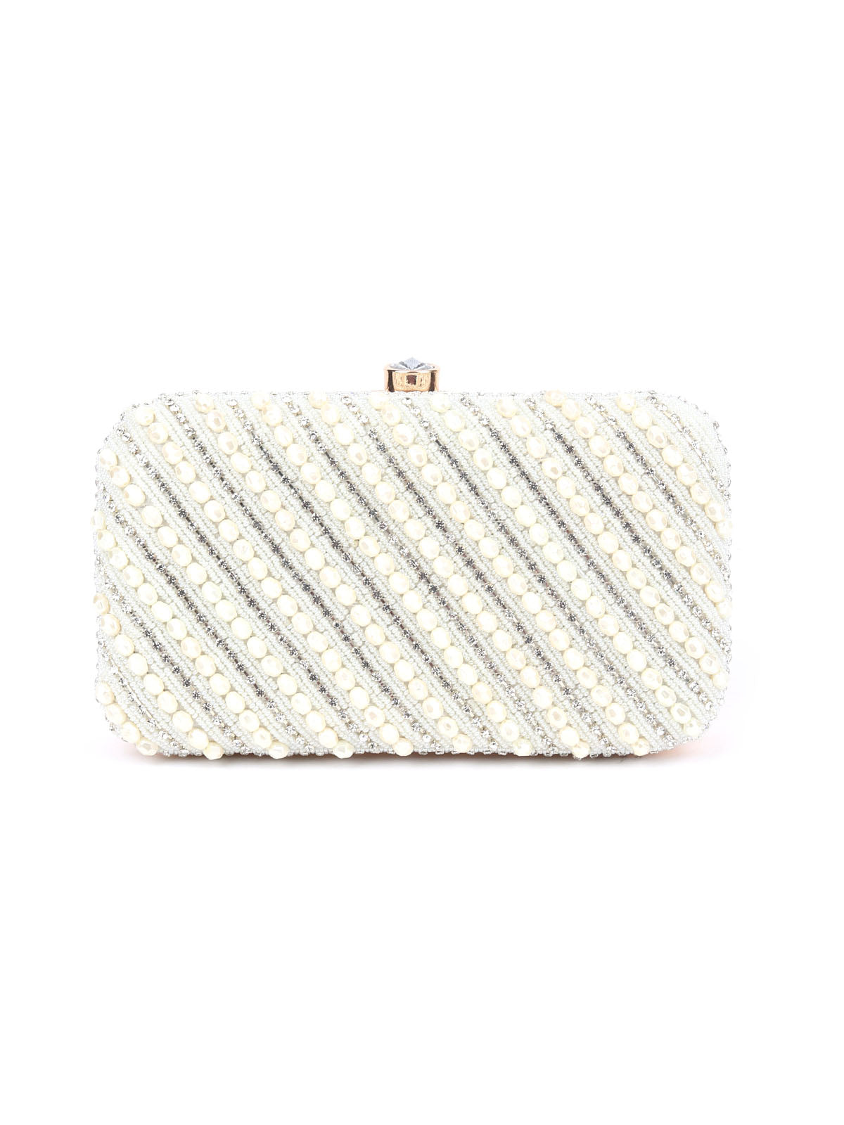 Odette Off White Jute Beads Embellished Clutch For Women