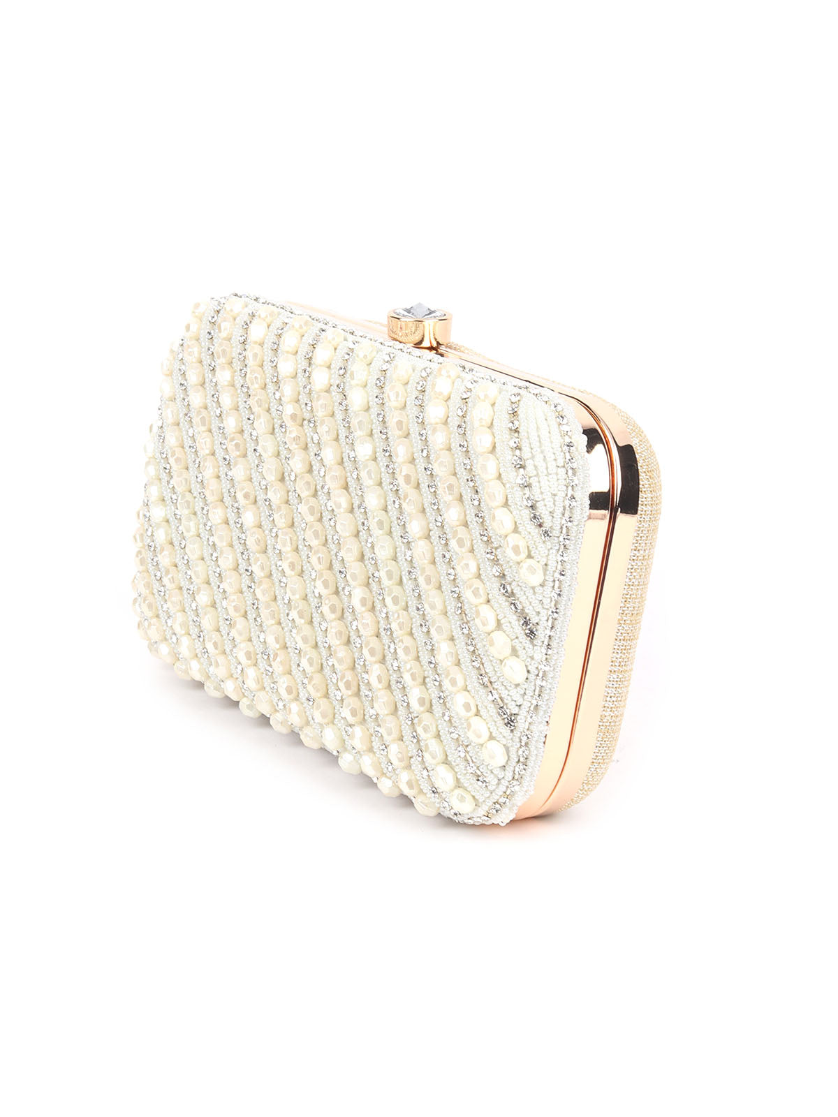 Odette Off White Jute Beads Embellished Clutch For Women