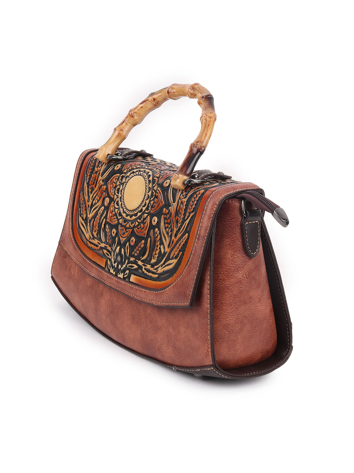 Odette Brown PU Textured Hand Bag For Women