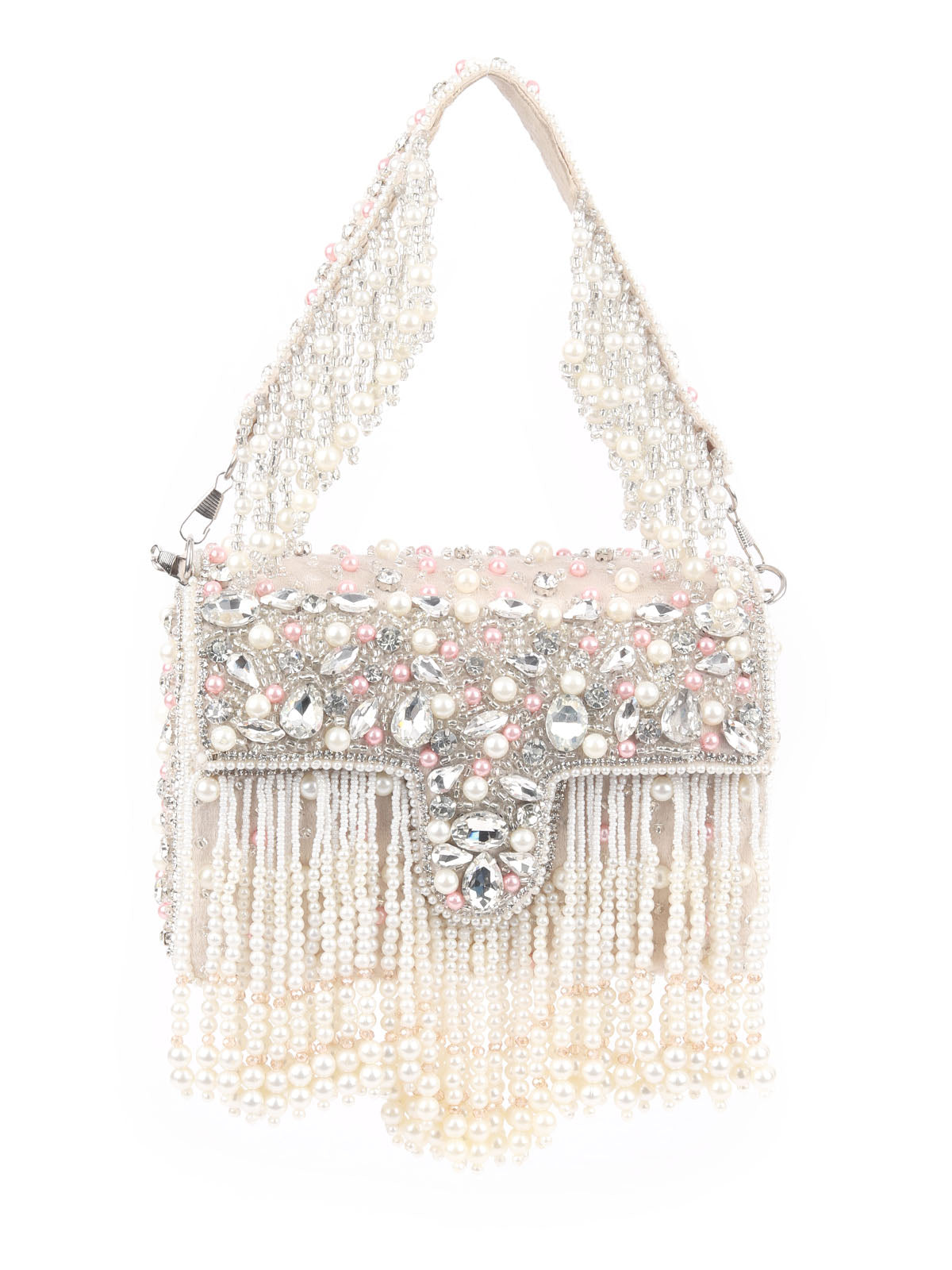 Odette Off White Suede Embellished Hand Bag For Women