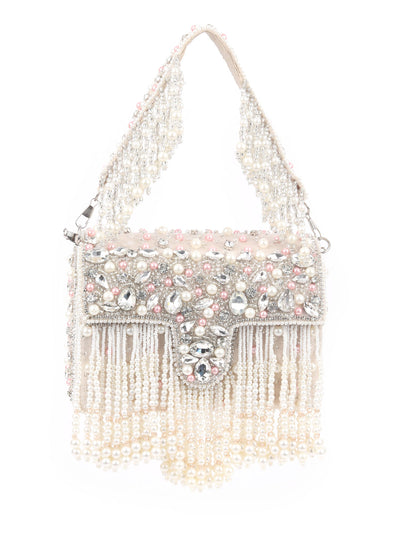 Odette Off White Suede Embellished Hand Bag For Women