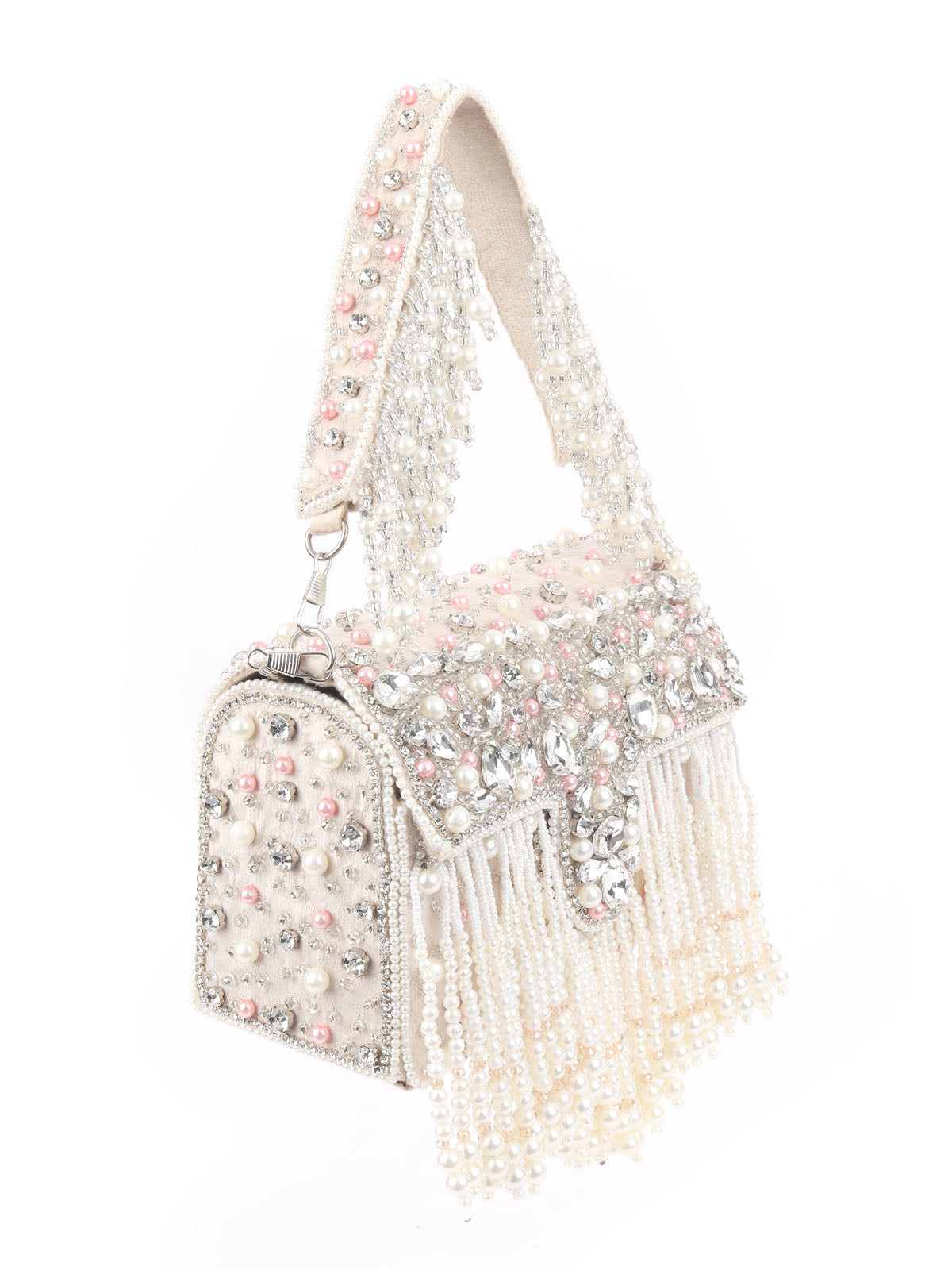 Odette Off White Suede Embellished Hand Bag For Women