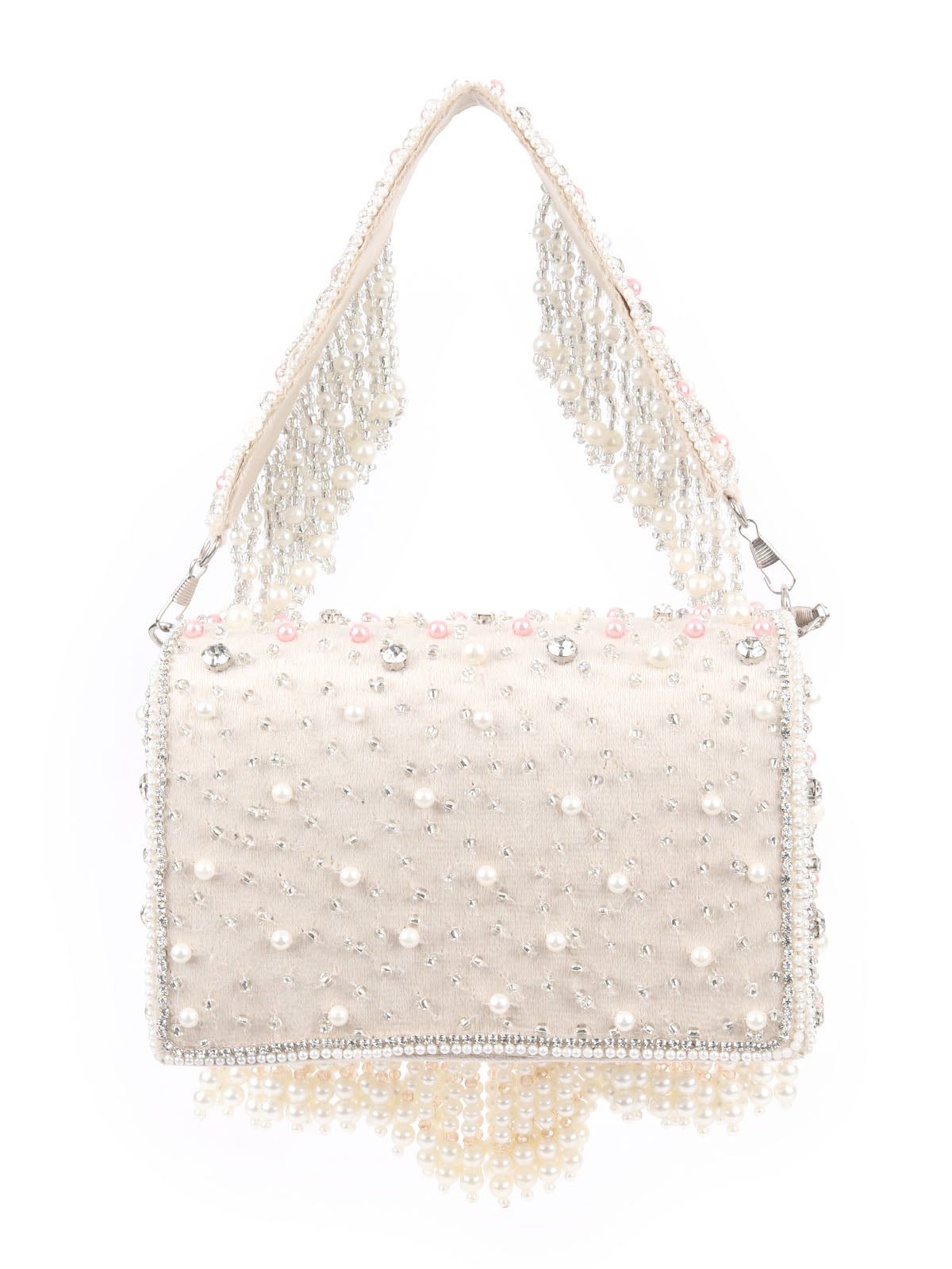 Odette Off White Suede Embellished Hand Bag For Women