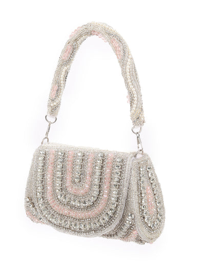 Odette Silver Velvet Embellished Hand Bag For Women