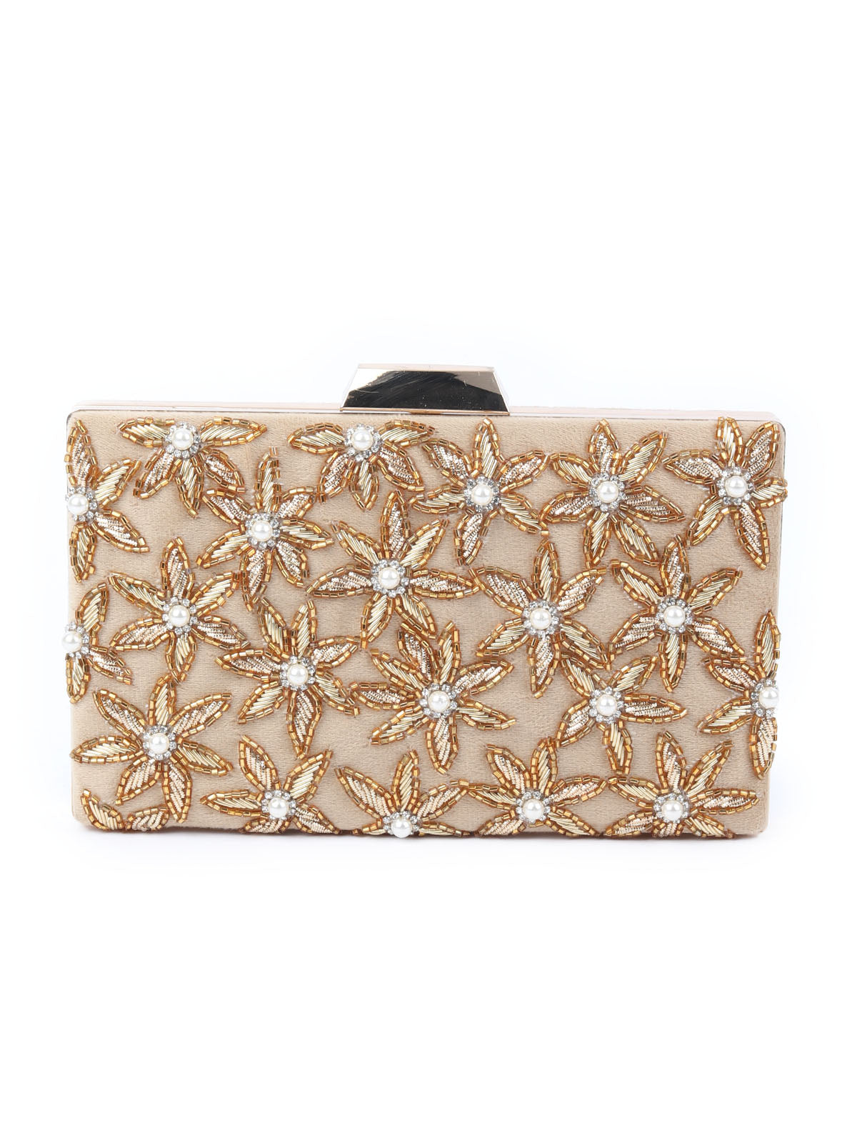 Odette Beige Beads Embellished Clutch Bag For Women