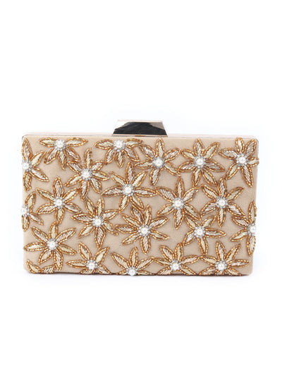 Odette Beige Beads Embellished Clutch Bag For Women