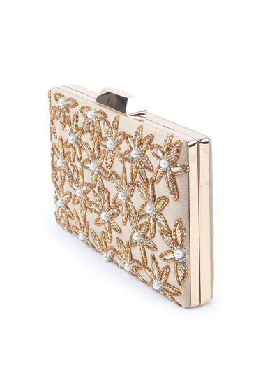 Odette Beige Beads Embellished Clutch Bag For Women