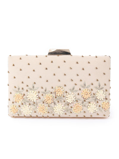 Odette Beige Metal Embroidered Clutch Bag For Women