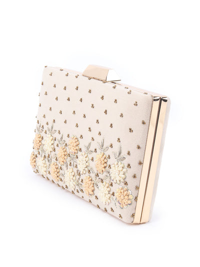 Odette Beige Metal Embroidered Clutch Bag For Women