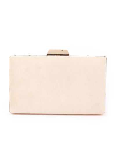 Odette Beige Metal Embroidered Clutch Bag For Women