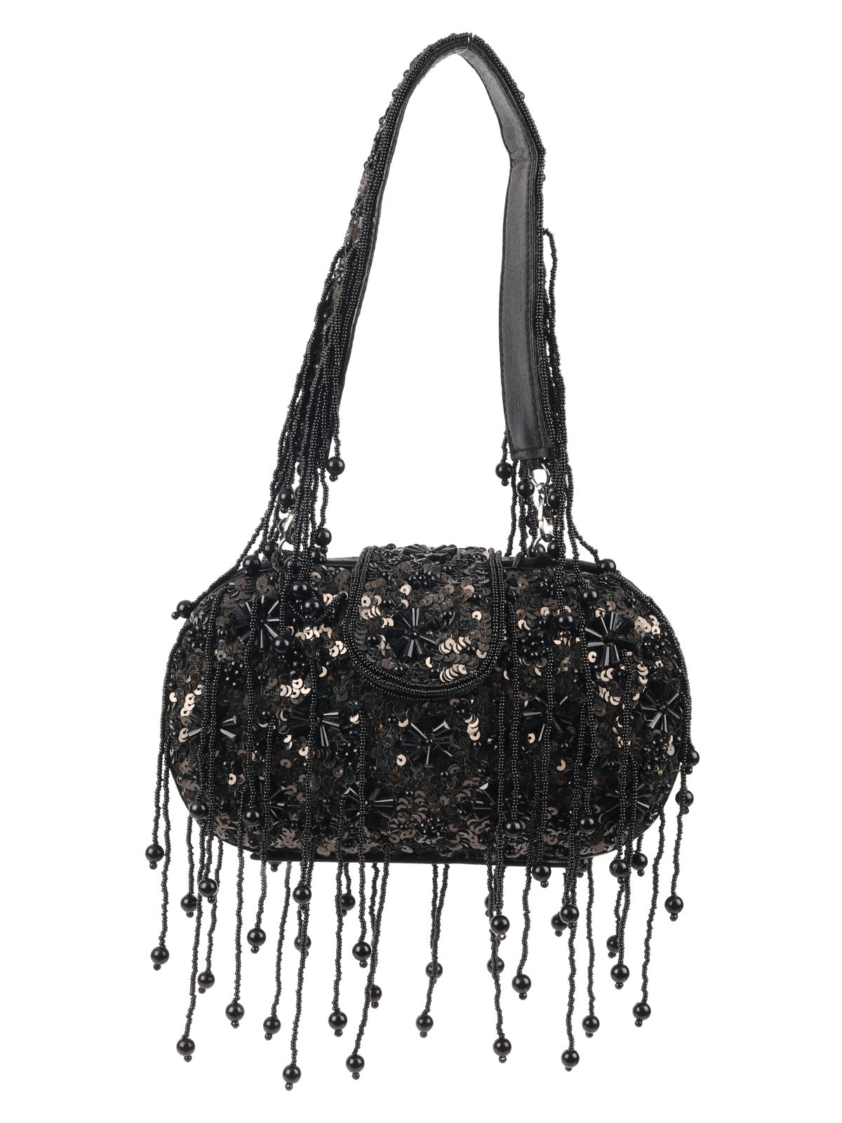 Odette Black PU Beads Embellished Tasseled With Sequin Batuwa For Women