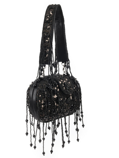 Odette Black PU Beads Embellished Tasseled With Sequin Batuwa For Women