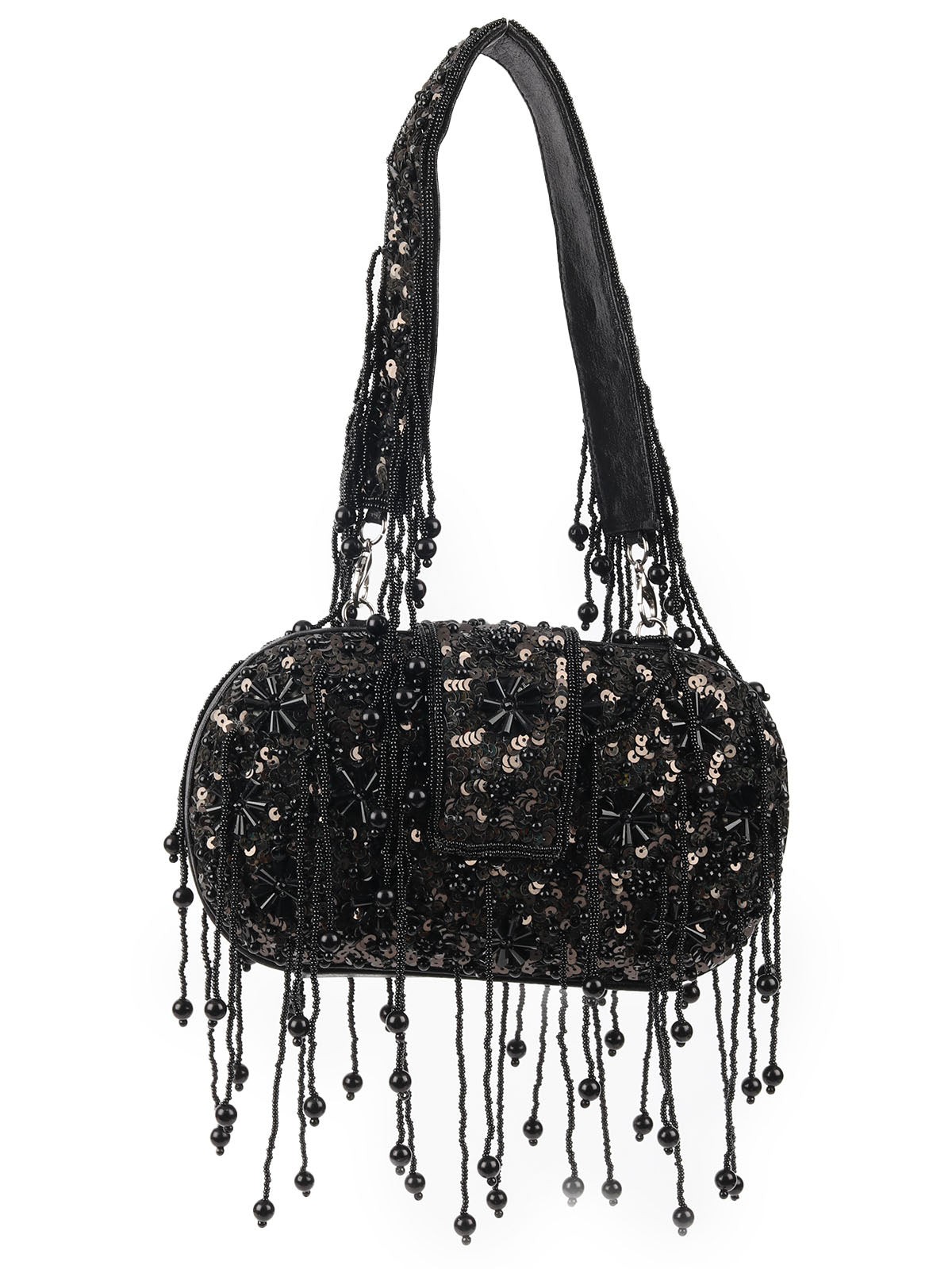 Odette Black PU Beads Embellished Tasseled With Sequin Batuwa For Women