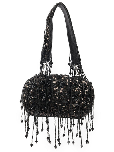 Odette Black PU Beads Embellished Tasseled With Sequin Batuwa For Women