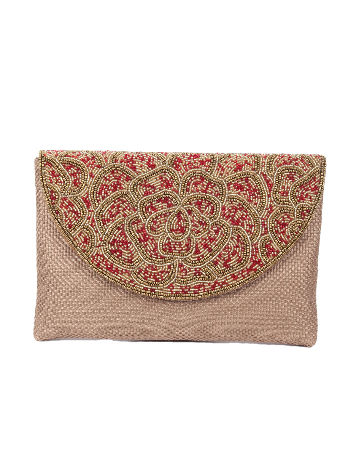 Odette Brown Jute Clutch With Red And Golden Beads Clutch For Women