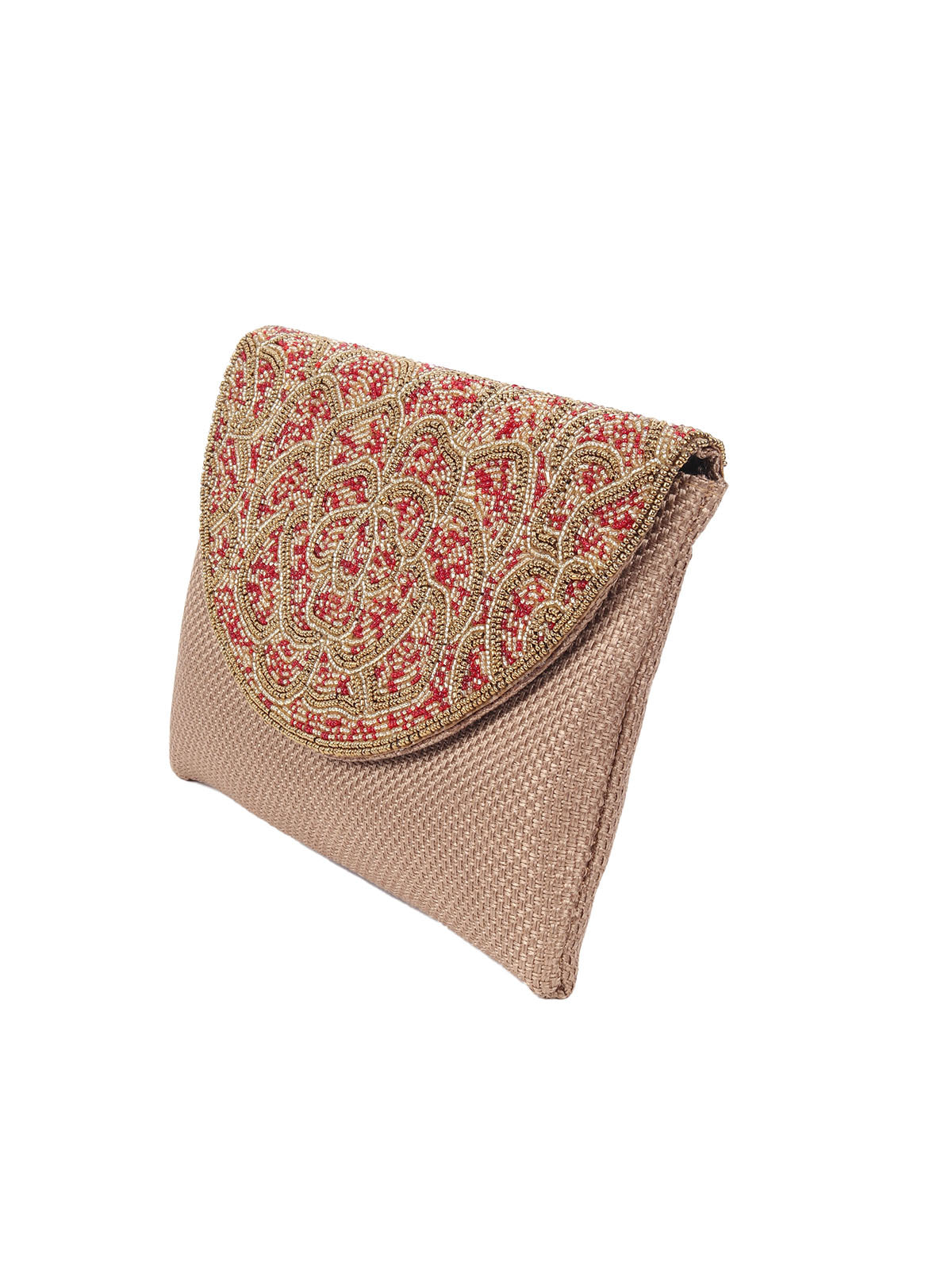 Odette Brown Jute Clutch With Red And Golden Beads Clutch For Women