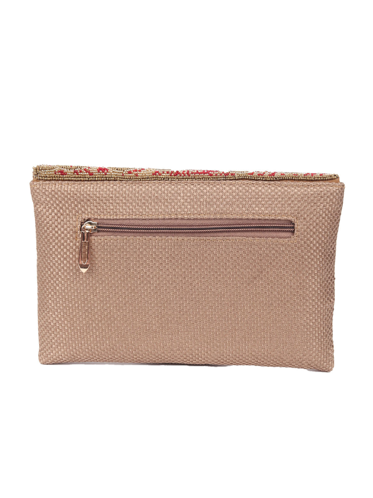 Odette Brown Jute Clutch With Red And Golden Beads Clutch For Women