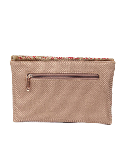 Odette Brown Jute Clutch With Red And Golden Beads Clutch For Women