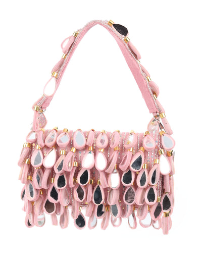 Odette Light Pink Suede Beads Tasseled Clutch With Mirror Work Hand Bag For Women