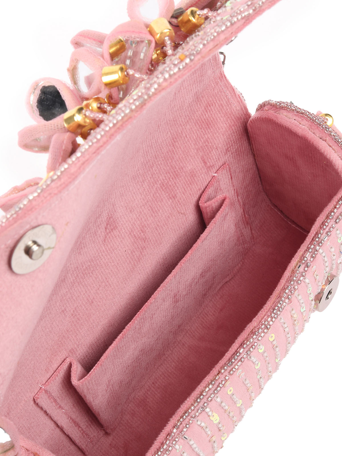 Odette Light Pink Suede Beads Tasseled Clutch With Mirror Work Hand Bag For Women