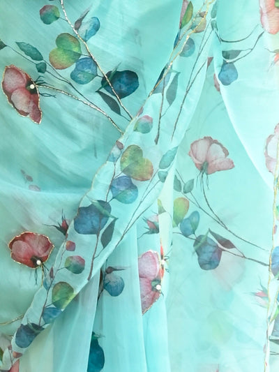 Odette - Blue Organza Floral Print Saree With Unstitched Blouse