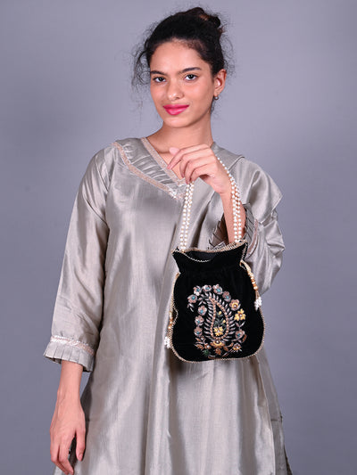 Odette Black Embroidered Potli Bag For Women