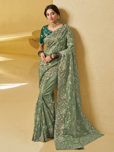 Odette Light Green Net Embroidered Saree with Unstitched Blouse For Women