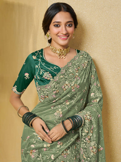 Odette Light Green Net Embroidered Saree with Unstitched Blouse For Women